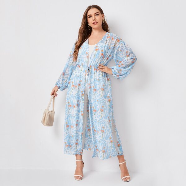 

Plus Floral Print Tie Front Kimono, Multicolor