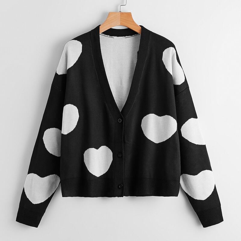 

Heart Pattern Button Front Cardigan, Black and white