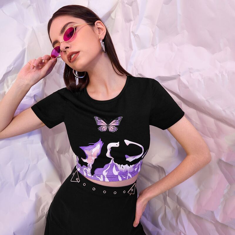 

Butterfly Print Crop Top, Black