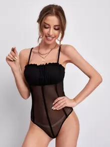 SHEIN بدسويت بلوحة شبكي وبصدر مكشكش بدون سروال داخلي