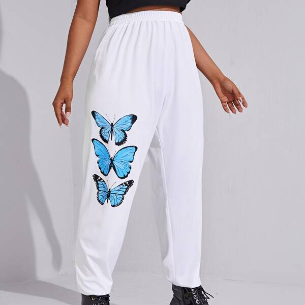 

Plus Butterfly Print Elastic Waist Sweatpants, White