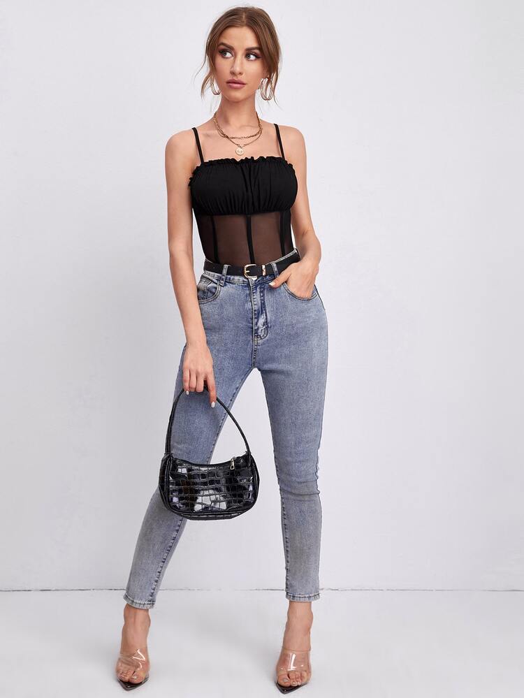 SHEIN Ruched Bust Mesh Panel Bodysuit Without Panty - Black - View 3