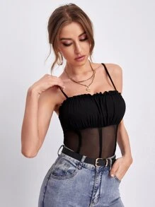 SHEIN بدسويت بلوحة شبكي وبصدر مكشكش بدون سروال داخلي