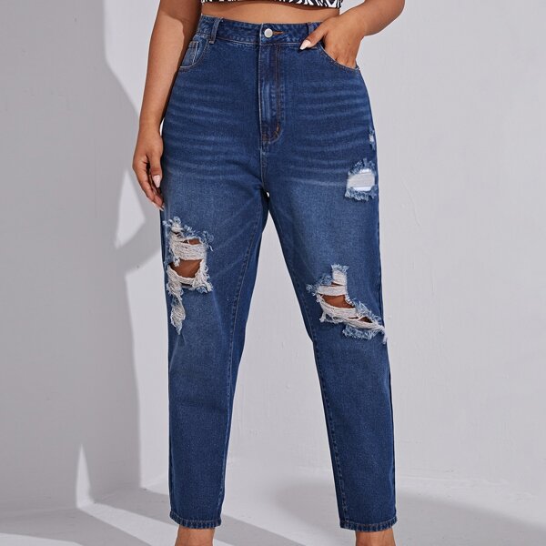 

Plus Cat Whisker Ripped Mom Jeans, Medium wash