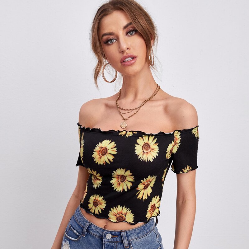 

Off Shoulder Lettuce Trim Sunflower Print Top, Black