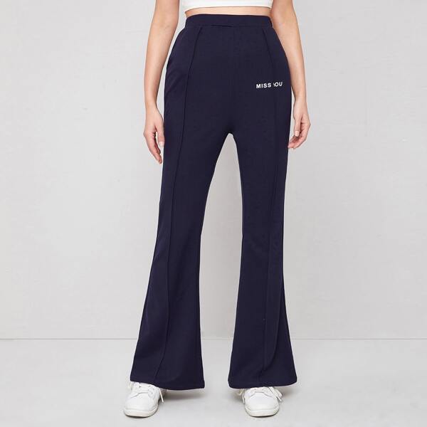 

Letter Graphic Seam Front Flare Leg Pants, Navy blue