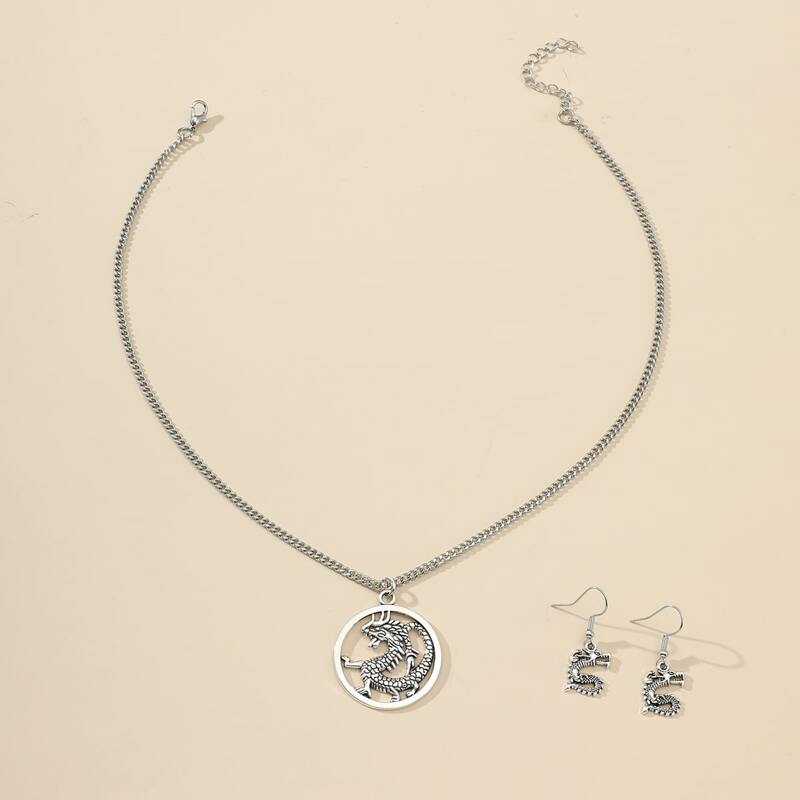 

3pcs Chinese Dragon Jewelry Set, Silver