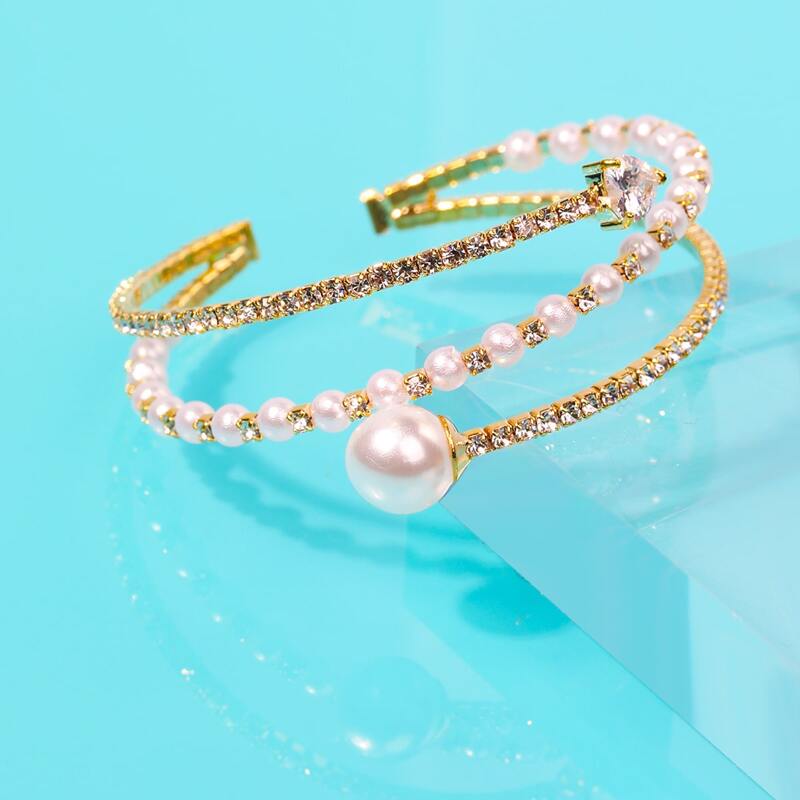 

1pc Rhinestone & Faux Pearl Bracelet, Gold