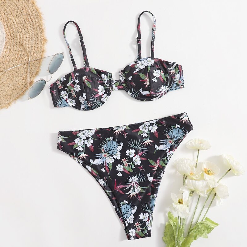 

Floral Underwire Bikini Swimsuit, Black