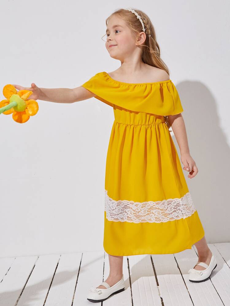 Toddler Girls Off-shoulder Contrast Lace Dress