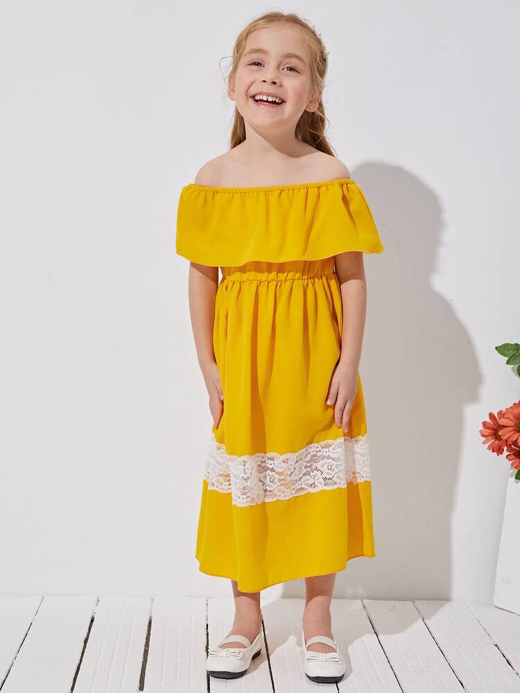 Toddler Girls Off-shoulder Contrast Lace Dress