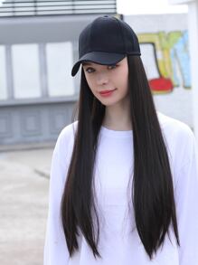 Cabello lacio largo natural con sombrero, peluca de sombrero sintético dama - Negro - Ver 1