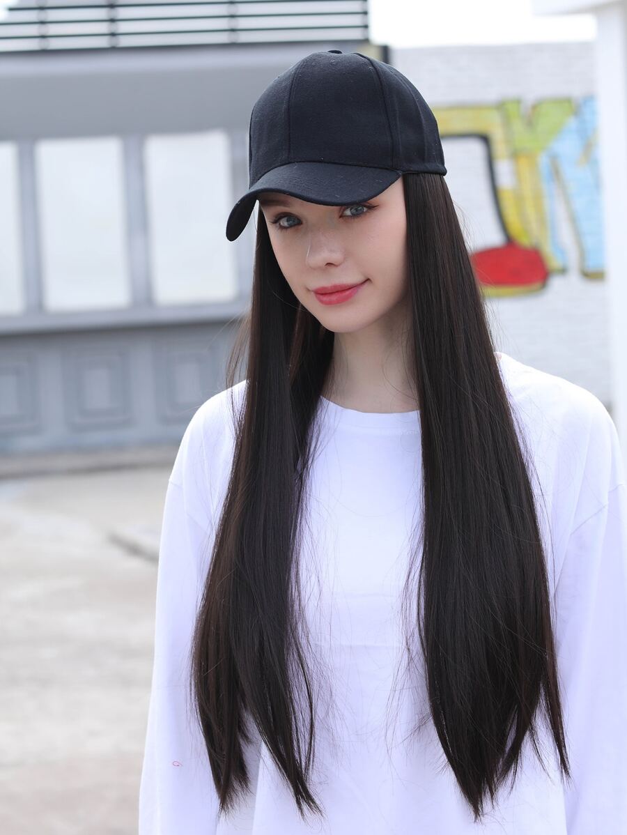 Cabello lacio largo natural con sombrero, peluca de sombrero sintético dama - Negro - Ver 1