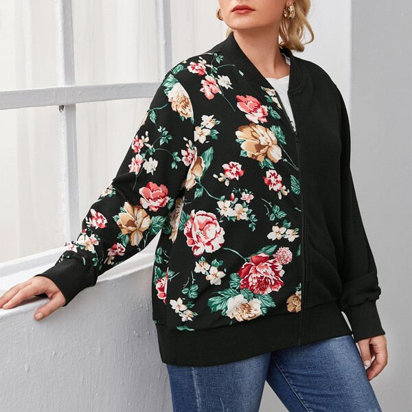 

Plus Floral Print Zipper Placket Bomber Jacket, Black