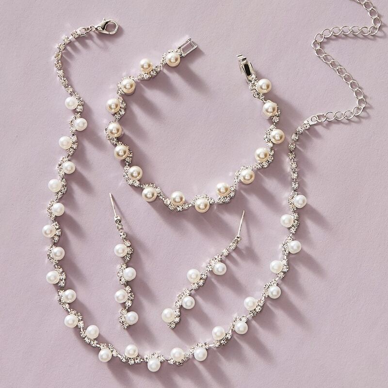 

4pcs Rhinestone & Faux Pearl Jewelry Set, Silver