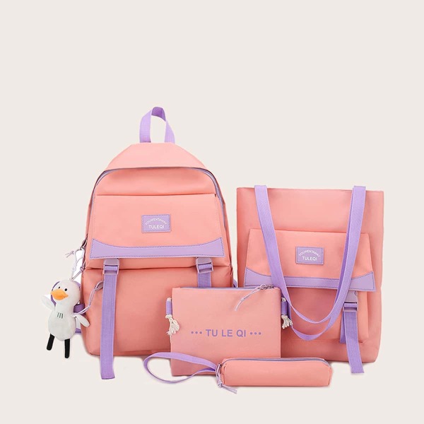

4pcs Girls Cartoon Charm Backpack Set, Pink