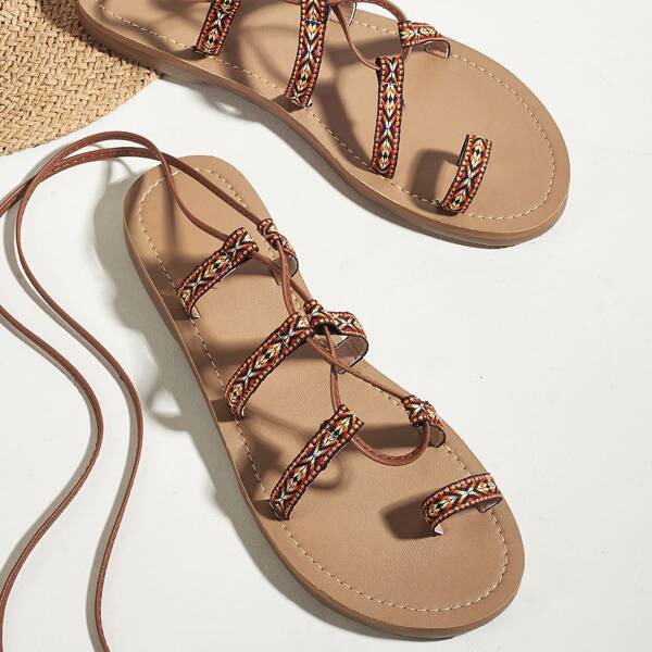 

Tie Leg Geometric Graphic Thong Sandals, Brown