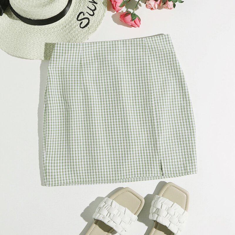 

Gingham Split Hem Skirt, Mint green