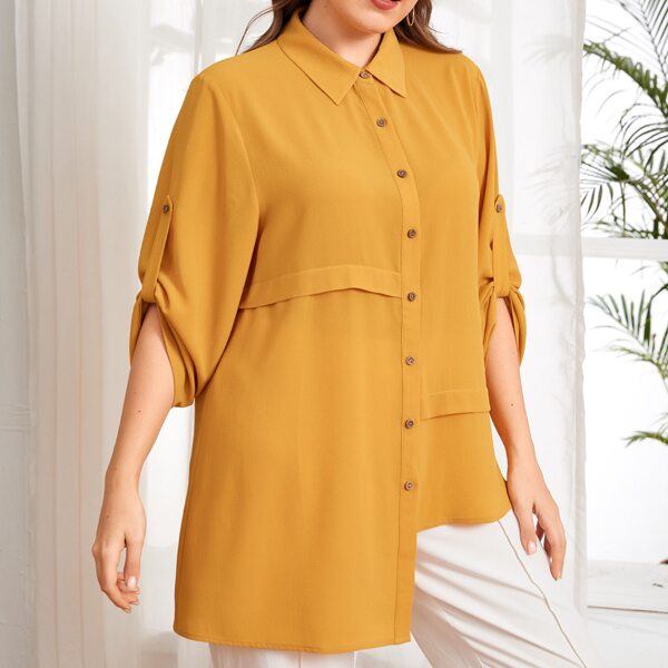 

Plus Roll Tab Sleeve Asymmetrical Hem Solid Blouse, Mustard yellow