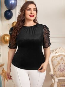 Mulvari Top De Terciopelo Con Mangas Abullonadas De Malla Transparente Con Detalle De Lentejuela Y Plisado Para Tallas Grandes - Negro - Ver 3