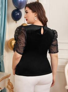 Mulvari Top De Terciopelo Con Mangas Abullonadas De Malla Transparente Con Detalle De Lentejuela Y Plisado Para Tallas Grandes - Negro - Ver 2
