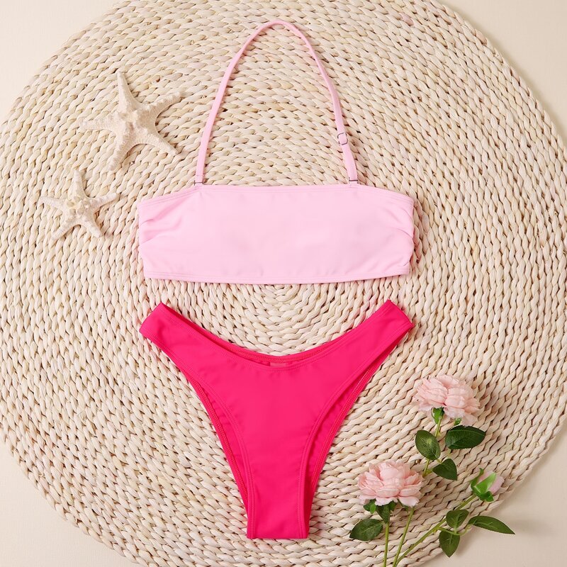 

Two Tone Halter Bikini Swimsuit, Multicolor