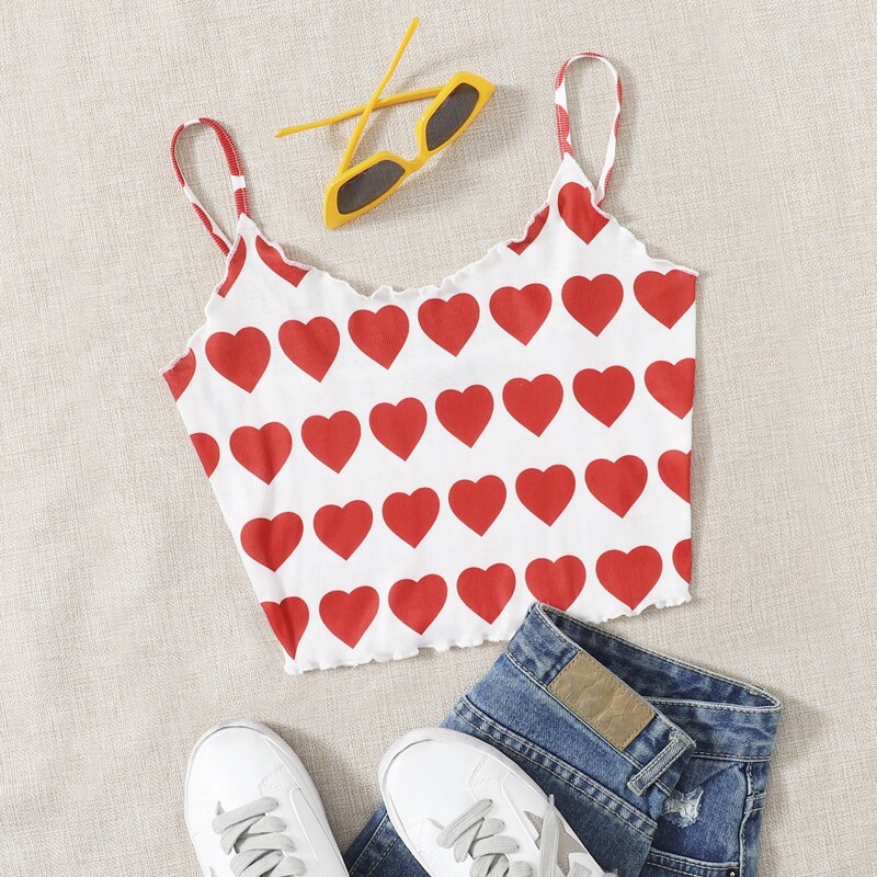 

Lettuce Trim Allover Heart Print Crop Cami Top, Red and white
