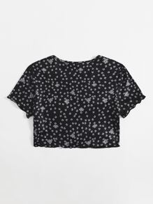 SHEIN Qutie V領抽褶細節木耳邊小碎花短款T恤