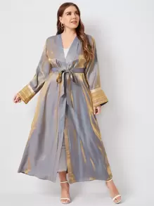 Plus Metallic Satin Belted Longline Kimono - Grey - View 1