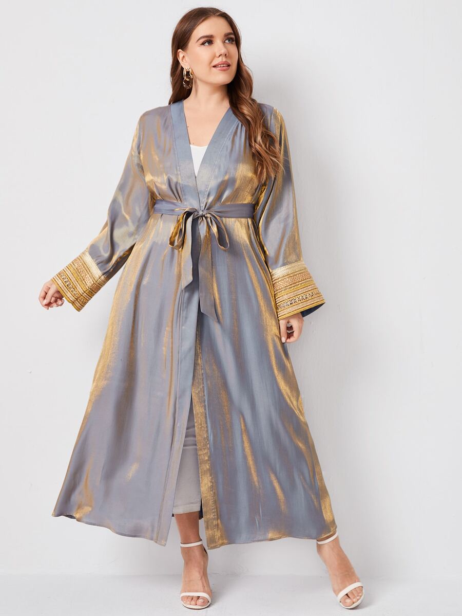 Plus Metallic Satin Belted Longline Kimono - Grey - View 1