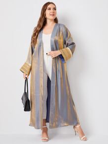 Plus Metallic Satin Belted Longline Kimono - Grey - View 3