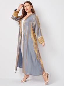 Plus Metallic Satin Belted Longline Kimono - Grey - View 4