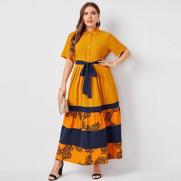 

Plus Botanical Print Colorblock Belted Shirt Dress, Mustard yellow