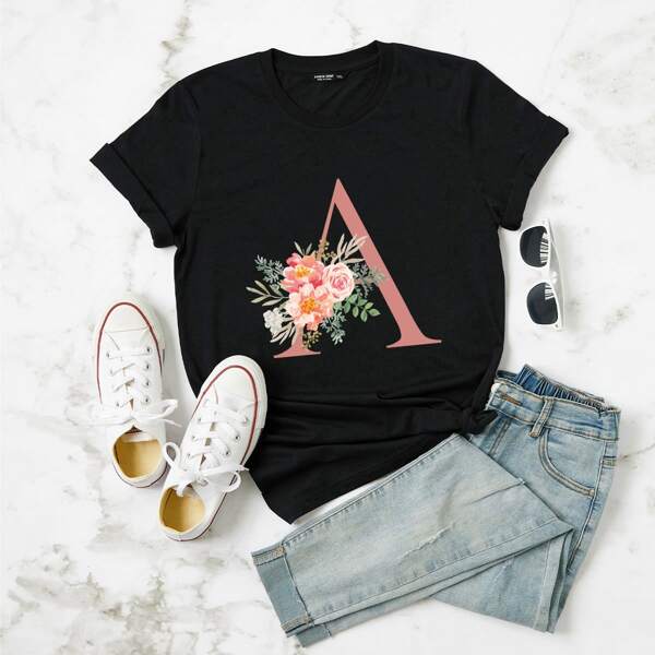 

Plus Flower And Letter Graphic Tee, Black