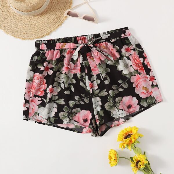 

Plus Floral Print Tie Front Shorts, Multicolor