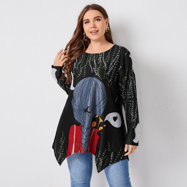 

Plus Figure And Plants Print Asymmetrical Hem Tee, Black
