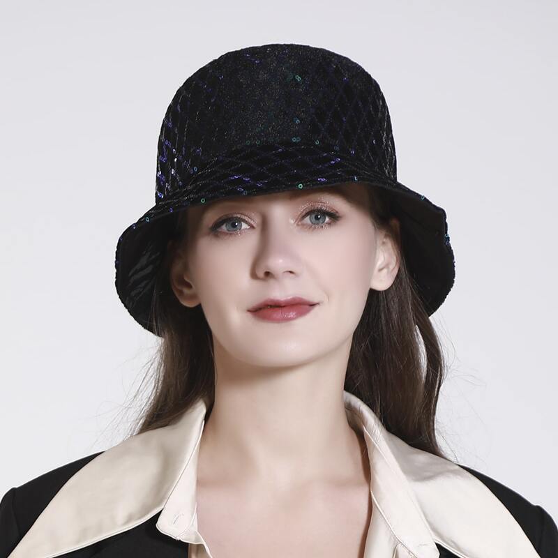 Sequin Argyle Bucket Hat, Navy blue