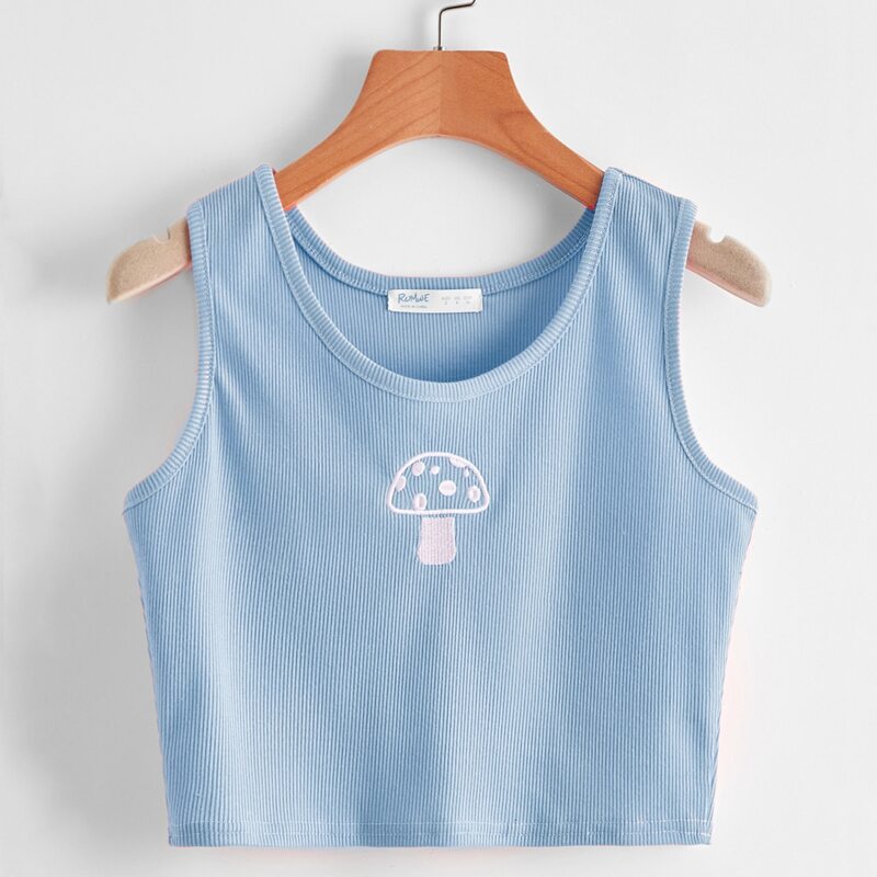 

Mushroom Embroidery Ribbed Tank Top, Baby blue