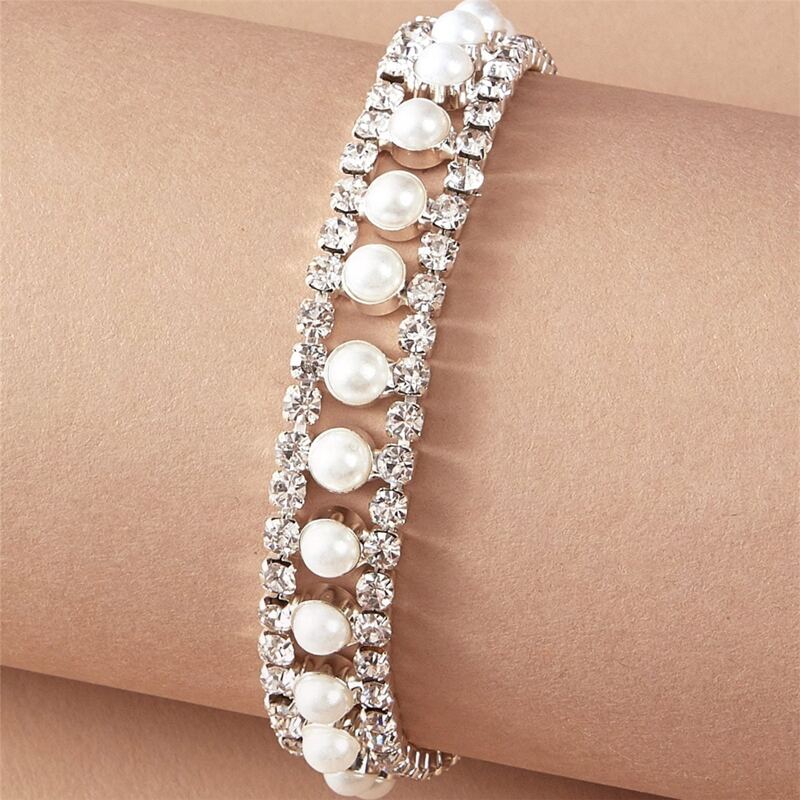 

1pc Rhinestone & Faux Pearl Bracelet, Silver