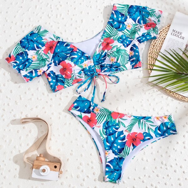 

Tropical Drawstring Bardot Bikini Swimsuit, Multicolor