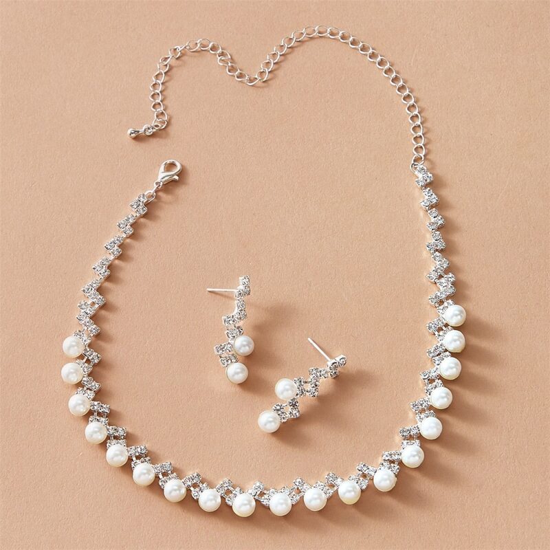 

3pcs Rhinestone & Faux Pearl Jewelry Set, Silver