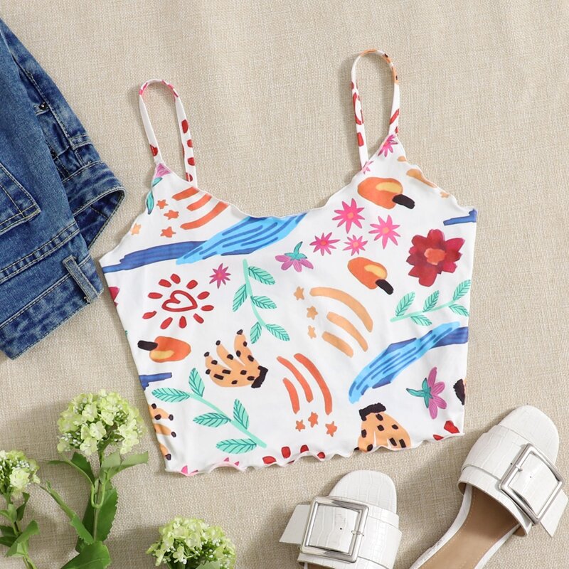 

Lettuce Trim Cartoon Graphic Crop Cami Top, Multicolor