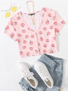 SHEIN Qutie V-neck Button Placket Allover Peach Print Tee - Baby Pink - View 1