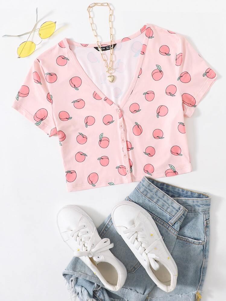 SHEIN Qutie V-neck Button Placket Allover Peach Print Tee - Baby Pink - View 1