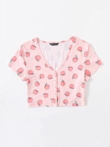 SHEIN Qutie V-neck Button Placket Allover Peach Print Tee - Baby Pink - View 3