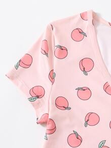 SHEIN Qutie V-neck Button Placket Allover Peach Print Tee - Baby Pink - View 4