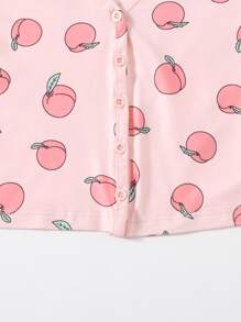 SHEIN Qutie V-neck Button Placket Allover Peach Print Tee - Baby Pink - View 5