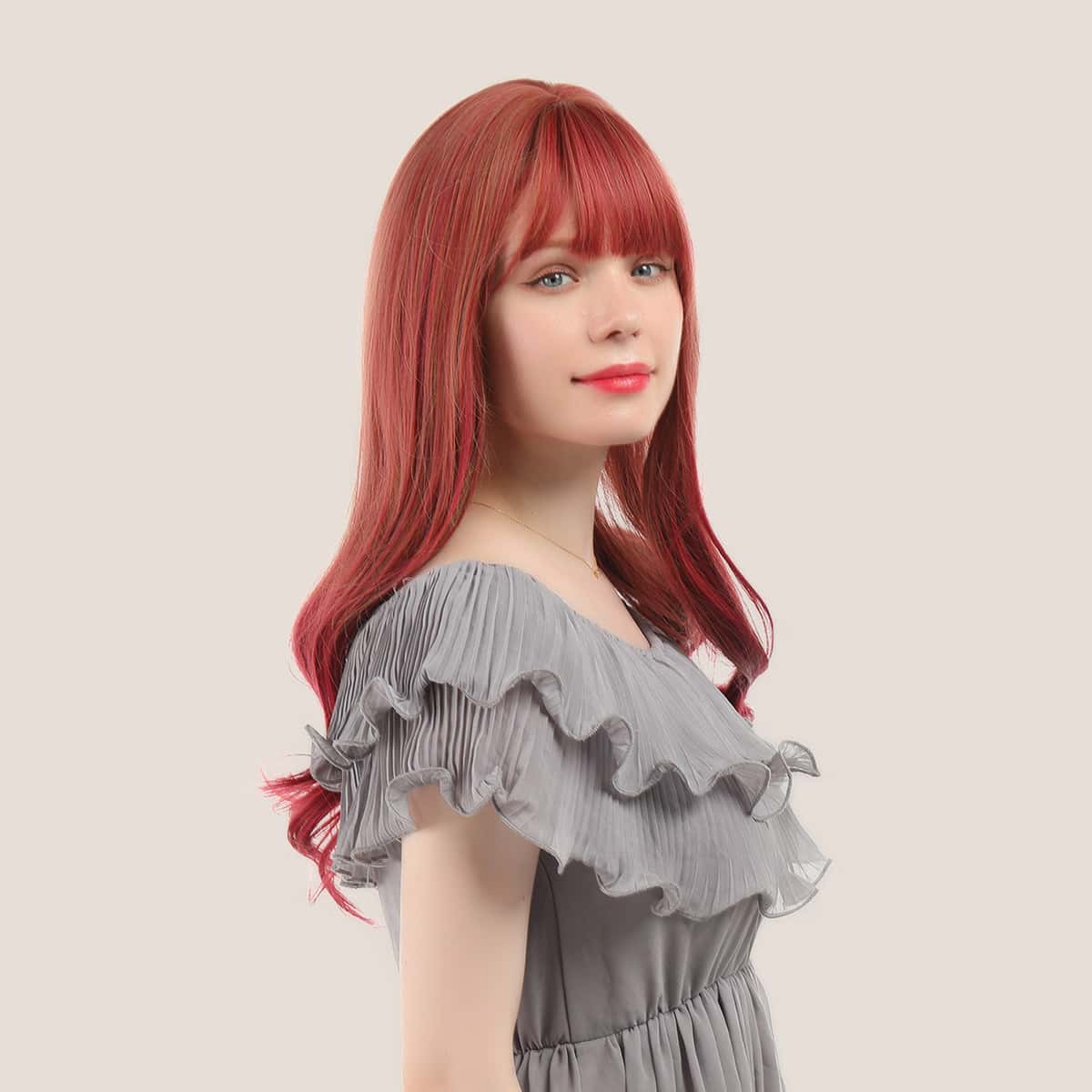 

Natural Long Curly Wig With Bangs, Red