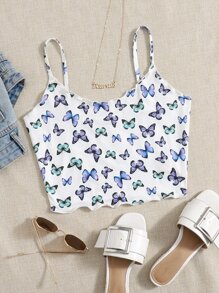 Muchica Lettuce Trim Allover Butterfly Print Crop Cami Top