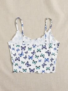Muchica Lettuce Trim Allover Butterfly Print Crop Cami Top
